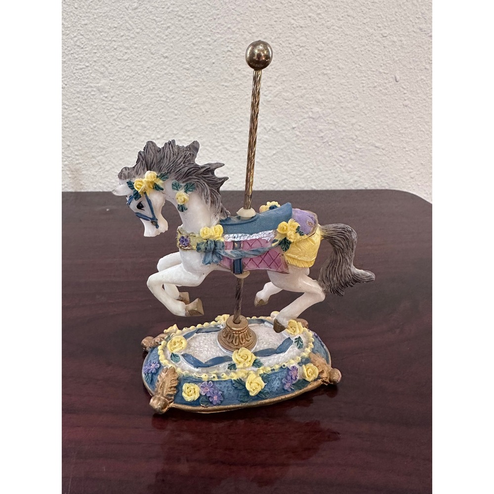 Vintage Floral Carousel Horse Figurine White Horse Yellow Roses Decorative Base